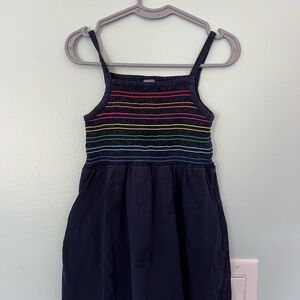 Primary smocked Navy Blue Kids Dress with Rainbow Accents